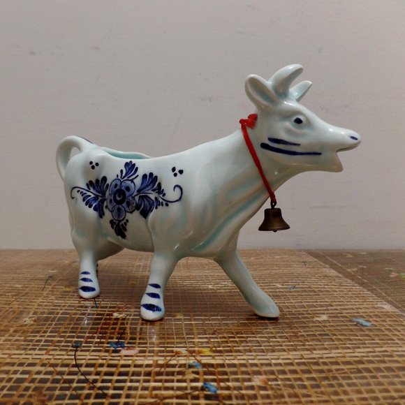 Vintage Porcelain Blue Glazed Delft Cow Creamer DBL Crown Logo w/Bell - Picture 3 of 12